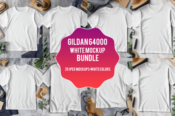 Gildan 64000 White Mockup Bundle for Product Mockups and Graphics